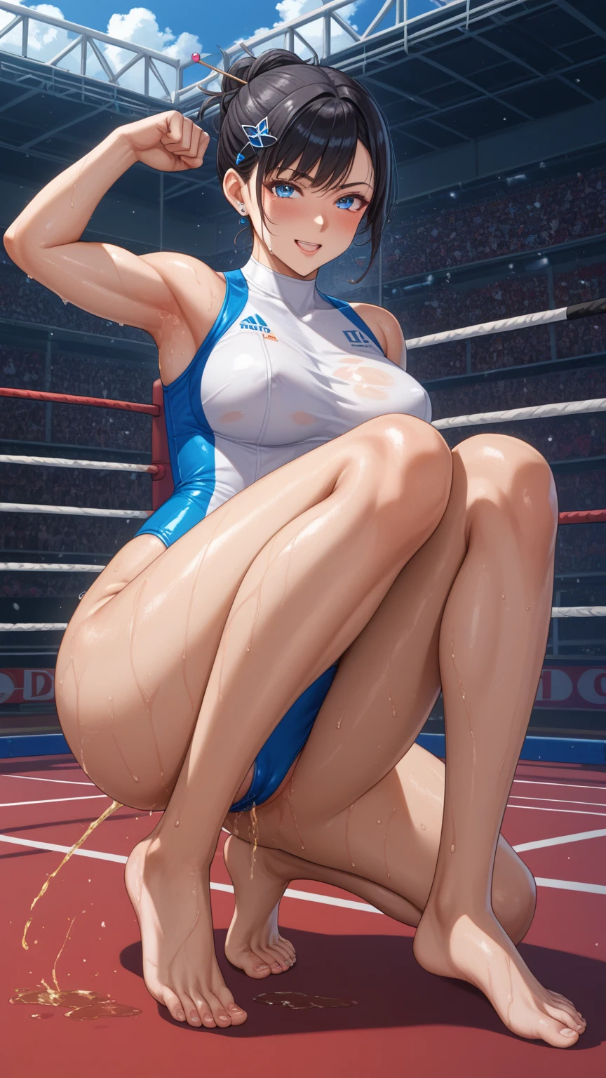  men and women ,expensive,170cm、  (Boxing Ring、Spotlight、Large crowd、Stadium、Television broadcast), naked、blush、(Open your mouth wide and scream、resist)、Long Hair、They hesitate、anger、nude,Sweaty body、Wet Hair,  Underarm, Big Breasts,Realistic nipples, Realistic butt crack , (expensive色彩彩度:1.0),  (Very detailed肌), (Highest quality:1.0), (Ultra-high resolution:1.0) ,(Realistic:1.0), (Very detailed:1.0), (8k, RAW Photos:1.1)、((Shaved))、(Touching your own with your hands)、(A man is touching her breasts from behind)、(Missionary sex)、Completely naked、Squirting、Center of chest、Spread your legs、ponytail、(Hand bra)