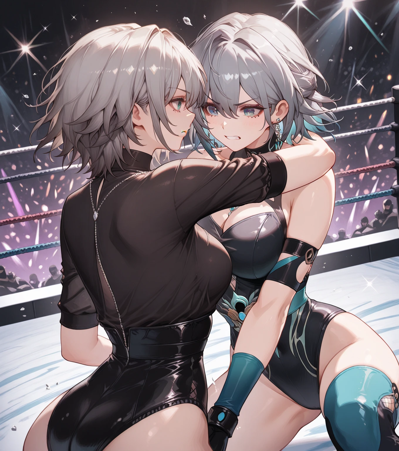 (((masterpiece))),(((best quality))),(ultra-detailed,high resolution:1.2),(illustration),((an extremely delicate and beautiful)),(detailed background), ((((all fours)))), sex,sex from behind, ((((grab her hip)))), ((((motion lines)))), (((wrestling ring))), ((1girl)and(1boy)), hetero, (1girl,tall stature),((((Bronya Rand/(Honkai:star rail/)))),official alternate costume, (slender body:1.4), (long hair,drill hair),grey hair,hair between eyes, grey eyes, (large breasts), pale skin,shiny skin, ((((ahegao)))), (rolling eyes:1.4),(trembling), ((She wears dress,white dress, black silk stokings,leggings,black footwear, thigh boots, elbow gloves,black gloves, long sleeves, sleeveless, jewelry,earrings), (cum in pussy:1.4),cum on clothes,cum on breasts,excessive cum, clothing aside, clothed, (1boy,tall stature:1.4), ((((tartaglia/(genshin impact/)))),large penis, [[[[he looks smug]]]], text,
