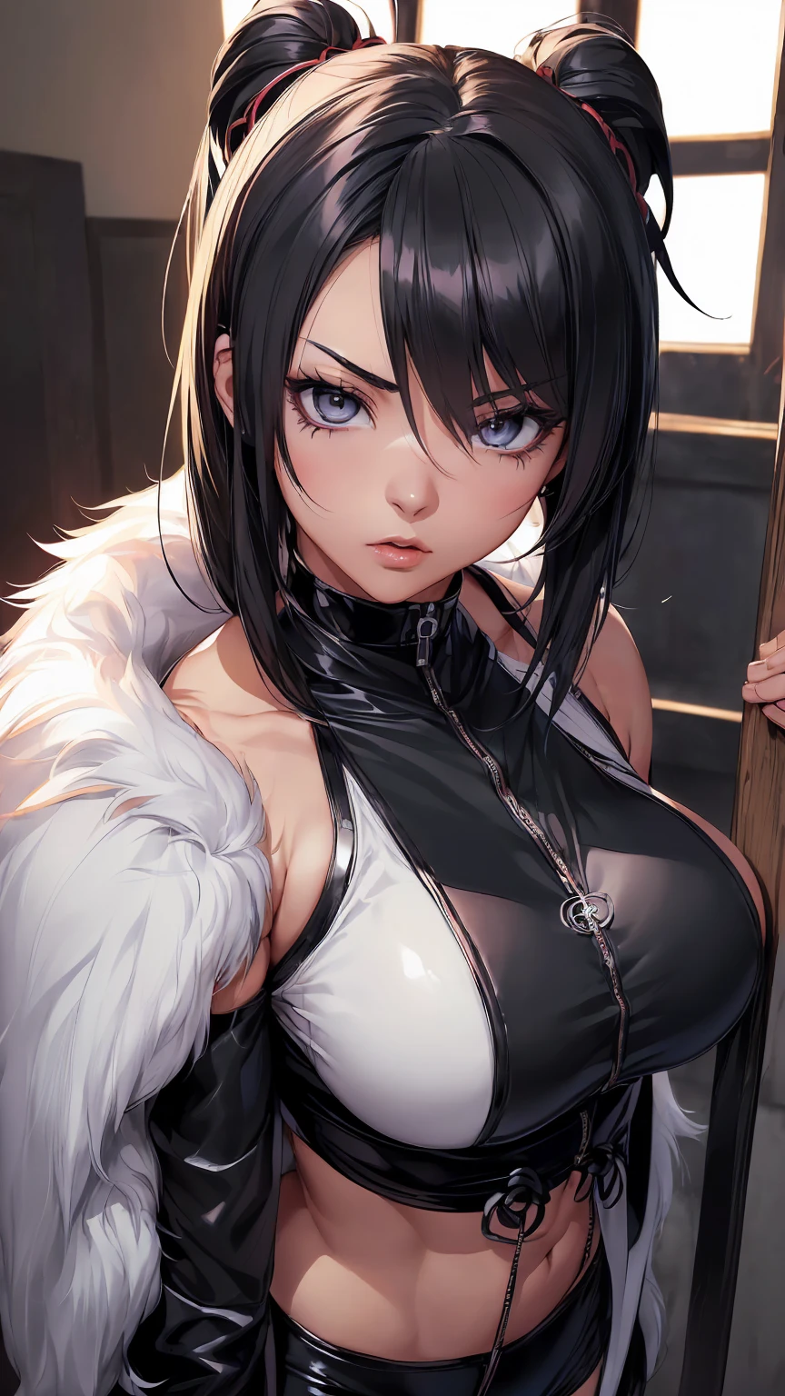 ((Portrait)), She has a Robust, Dark Blue Haired Appearance, with Sensual Charm and a Muscular Build. She Expresses a Proud and Smug Look, Giving Off a Self-Confident Attitude. She has Black Eyes, Her Hair is Short and Tousled, Dark Blue Gradient, with Strands Falling Around Her Face. She Wears an Oversized, Open Black Leather Coat, with a High-Neck Crop Top, Revealing Her Midriff. ((Portrait, HDR, Dark Background))