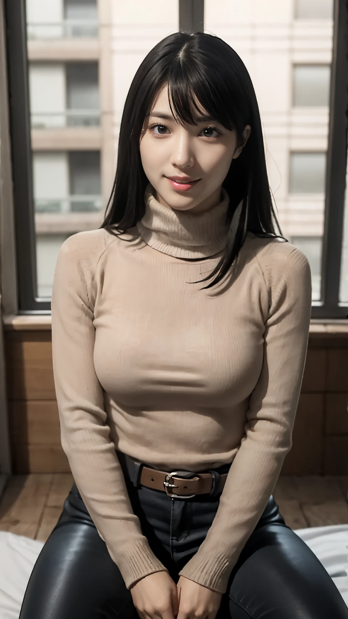 (masterpiece), best quality, expressive eyes, perfect face, boots, blushed, lipstick, pistol holster, 南空ナオミ, 170cm, death note, medium breasts, Japanese American woman, long black hair, Naomi Misora, twin bangs, ((black eyes without pupils)), FBI agent, tall body, FBI, belt, low turtleneck sweater, long leather leggings, beautiful face, pale skin, white skin, long hair, black leather jacket, happy, apartement room, apartement, city, black hair, blue eyes, sitting, full body, furniture, window, smiling, looking at viewer