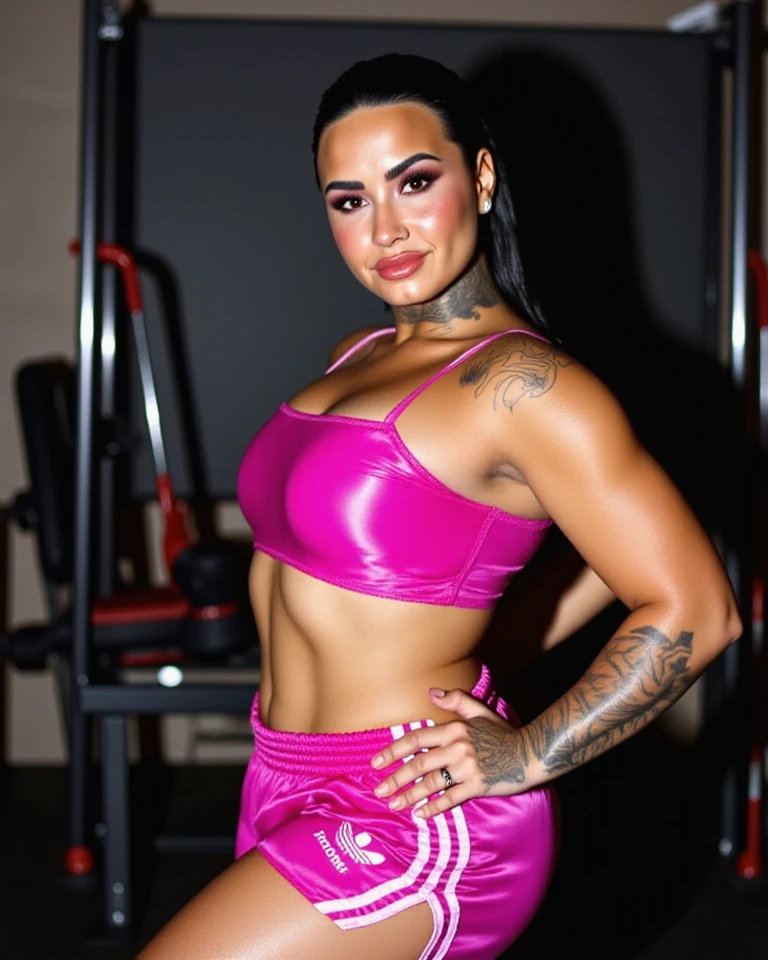 The image shows beautiful light brunette woman standing against a dark background. She is wearing a purple sports top and has her arms crossed in front of her. Her facial expression appears neutral or slightly serious and she is looking directly at the camera. There are no texts or logos visible on their clothing that indicate any specific brand or event. The lighting in the photo highlights her figure, suggesting a focus on fitness or athletics. Full body photo, total photo. Her hair is tied back. She is wearing a purple blouse and blue shorts, wearing a tank top (((purple top))), printed shorts (green/gray/blue/black), tight printed shorts ((((green/gray/blue/black) ) )) . She has dark brown hair, (((dark brown hair))), (eyes with reflection); ((pink lipstick)), (bright lips); contrast (bright lips); with a tanned body, toned body, athletic body, ((((legs)))); sexy pose, extremely sexy, very sensual, shapely legs. She is about 42 years old, 1.62 tall, 60 kg, best quality, perfect face, perfect mouth, perfect hands, is standing, (full body) her slightly plump and red lips look like a delicate flower. Slim body, slim waist. Her body exudes glamor and her face is the definition of beauty. Highly realistic, reddish skin, beautiful and slightly plump lips, pink lipstick, feeling of lightness and joy, hyper-realism, very elaborate skin. Sharp photo, high quality, high resolution (ultra quality masterpiece), Ultra HD, high contrast, 16K. Masterpiece: 1.3, high resolution, (photographically realistic), 8k, NUDE, NUDITY, NFSW.