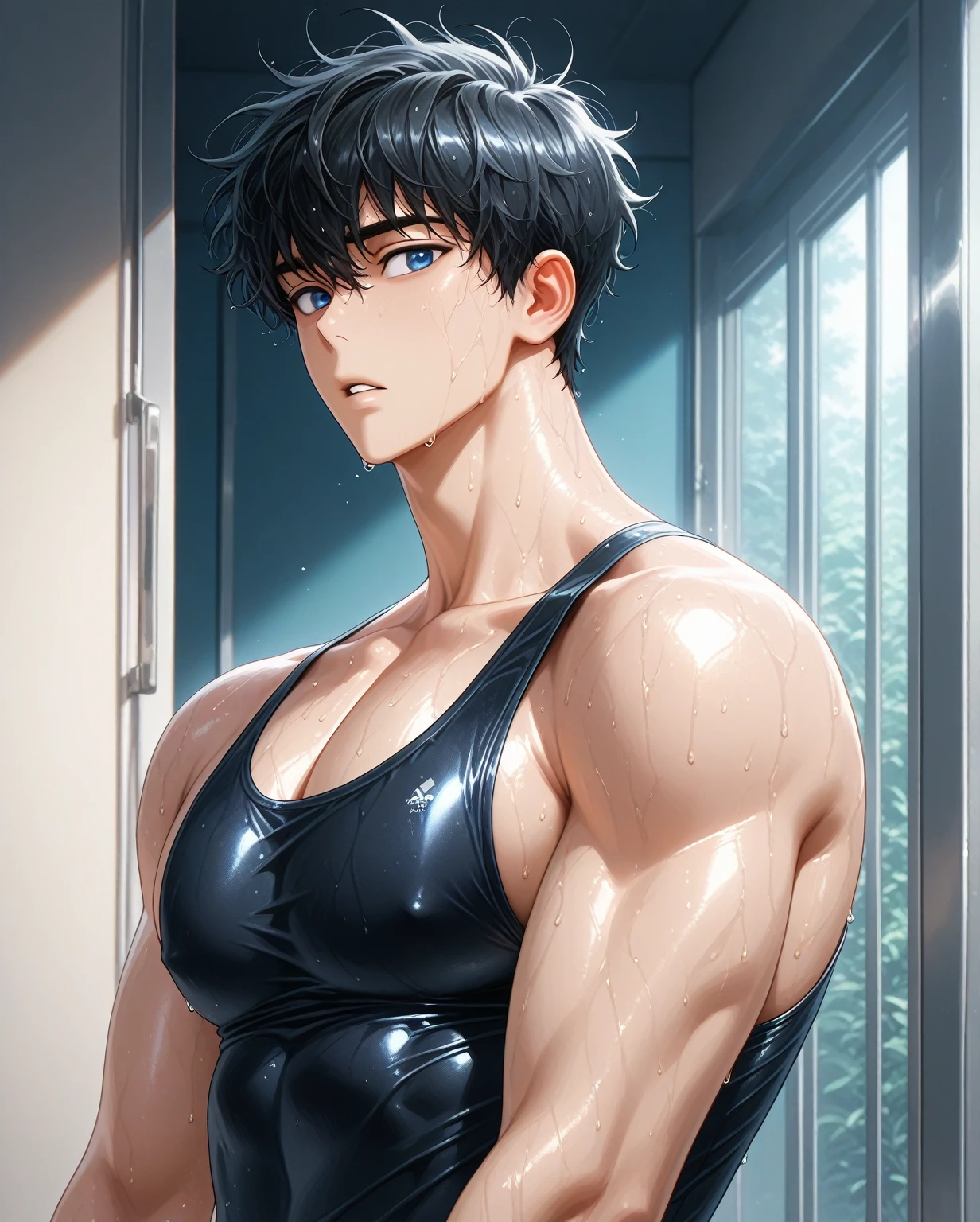Black haired boy with big eyes in a swimsuit（Boomerang Pants)
penis