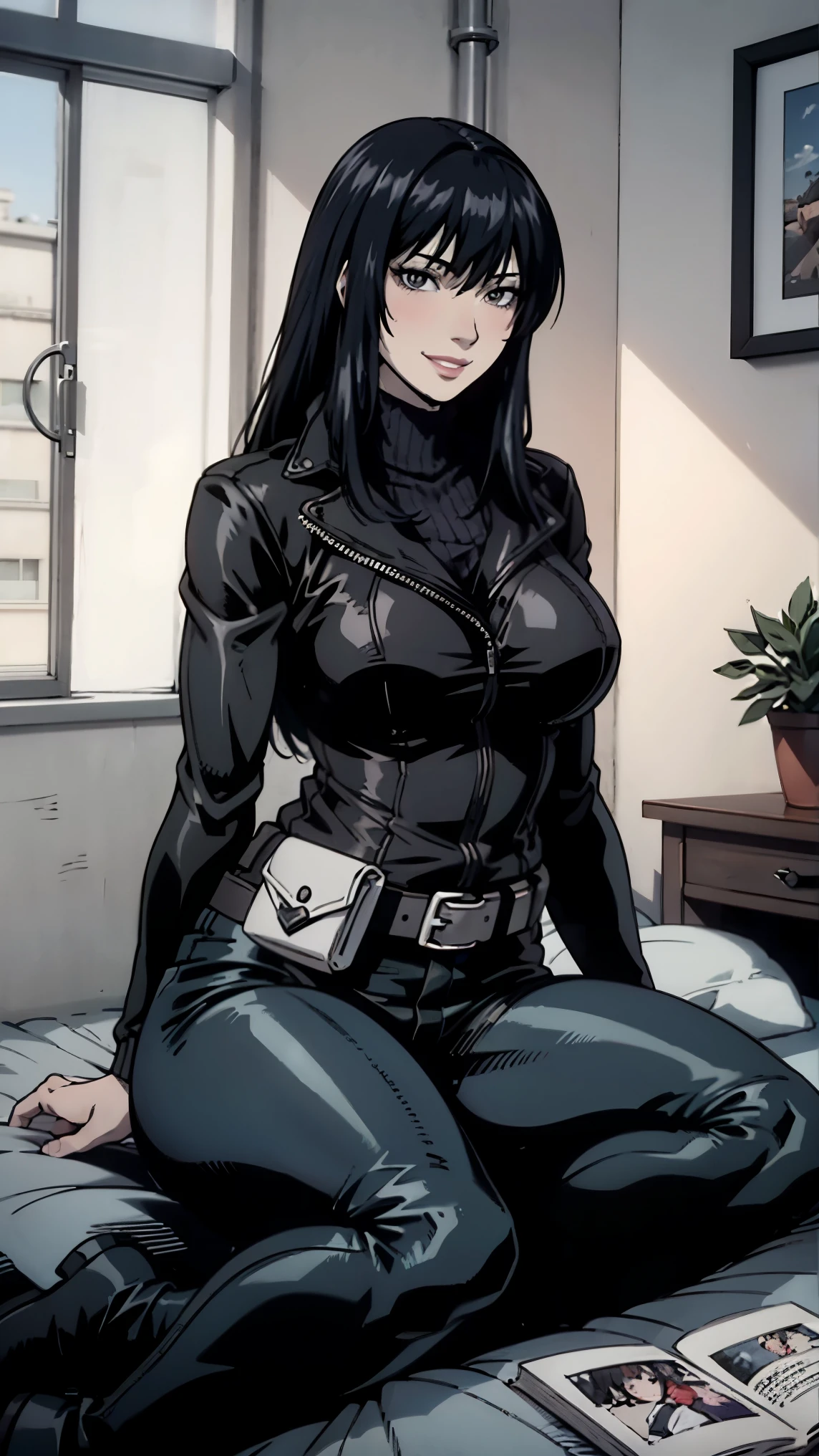 (masterpiece), best quality, expressive eyes, perfect face, boots, blushed, lipstick, pistol holster, 南空ナオミ, 170cm, death note, medium breasts, Japanese American woman, long black hair, Naomi Misora, twin bangs, ((black eyes without pupils)), FBI agent, tall body, FBI, belt, low turtleneck sweater, long leather leggings, beautiful face, pale skin, white skin, long hair, black leather jacket, happy, apartement room, apartement, city, black hair, blue eyes, sitting, full body, furniture, window, smiling, looking at viewer