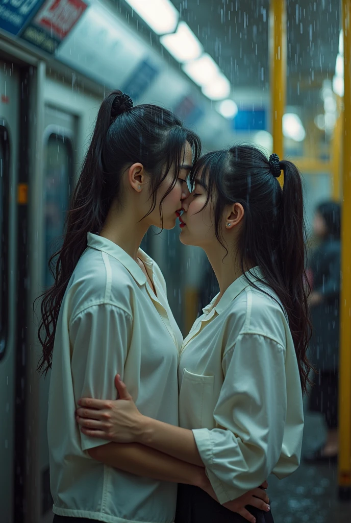 (masterpiece, best quality, the most important work:1.2), 8k, 15yo, 85mm, official art, raw photo, absurd Res, white dress shirt, pretty face, close up, upper body, violaceus, gardenias, beautiful girl, , (navy pleated skirt:1.1), cinch waist, thighs, short sleeve, in train, sitting on bench seat, looking at viewer, no makeup, (smile:0.4), film grain, chromatic aberration, sharp focus, firelight, clear lighting, teen, detailed face, bokeh background, (dark red necktie:1.1), (perfect anatomy, perfect hands), (two young girls is deeply in love with each other, kiss:1.5)