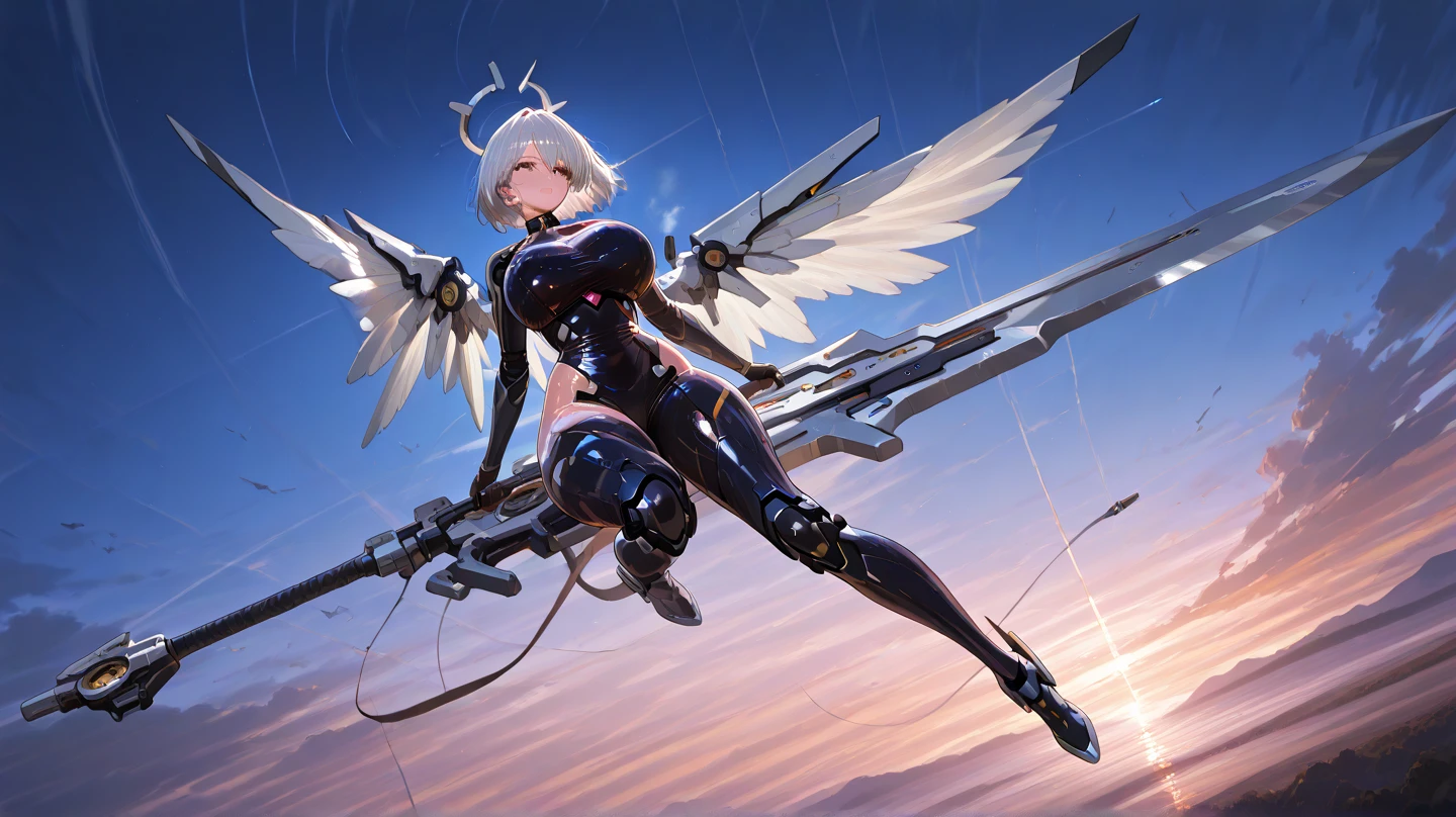 (highest quality)), ((masterpiece)), (very detailed: 1.3), 3D, {(japanese young girl)}, ((wears a futuristic Gundam mecha)),(Gundam), with headgear, with v-fin , ((unarmored cleavage)), ((unarmored stomach)), ((unarmored upper arms)), ((unarmored face)), (unarmored hands), (unarmored waist), ((unarmored thighs)), (unarmored ankles), japanese girl wear light blue and white striped pantie under armor,destroyed city background, multilayer textureperfect proportions, octane rendering, duotone lighting, Low ISO, wide aperture, White balance, Rule of thirds, ultra HD16k, HDR (High Dynamic Range), Ray Tracing, NVIDIA RTX, Super Resolution, Subsurface Scattering, PBR Texturing, Post Processing, Anisotropic Filtering, Depth of Field, Maximum Clarity and Clarity, High efficiency subpixel, subpixel convolution, particles of light, light scattered, Tyndall effect, full body:1.5, battle pose, cute, (cute:1.2), (bob cut:1.3),三つ編み, 黒髪, 太い眉毛, 薄い色の虹彩, 大きくて輝いている黒い瞳, 長いまつげ, 小さく薄い色の自然な唇, (Average face of Japanese idols), (日本人特有の童顔:1.3), (baby face), 広いおでこ:1.2, ふっくらした頬, 小さな顎, visible side boob, (mechanical wings), holding weapon,holding huge weapon, holding Very large shield, , asymmetric body,looking at viewer,Focus on the eyes,with sleek and menacing design,