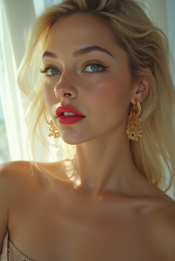 face close up, blonde hair, French braid on hair, lock of hair, hair is falling, white and gold, filigree, necklace, earrings, full lips, mouthful, thin lips, thick mouth, Plump lips, plump mouth,, without sleeves, NECKLACE, mature девушка, 1 girl slut, big tits, massive , huge ,, super tight, mega tight, on the knees, thin top, see through the top,Wasp waist, erotic pose