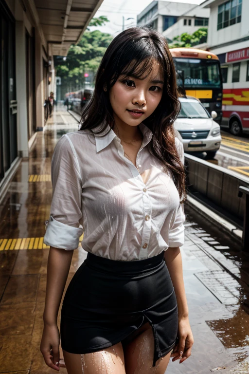company employee、(Body turned to the side、Shooting from the side、Looking to the side,Shooting from the side:1.6),Not looking here、(General shirt、Wearing a white blouse、Wearing a typical business suit),(The gap in her blouse is slightly open,Only the fourth button is open、The button is closed、Chest visible through the gap in the button、The edge of the bra is visible through the gap between the buttons.:1.5),Mid-chest、slender、ponytail、Black Hair、Beauty、23 years old、cute、smile、(Long shirt:1.8),Tuck the shirt into the skirt、Cleavage