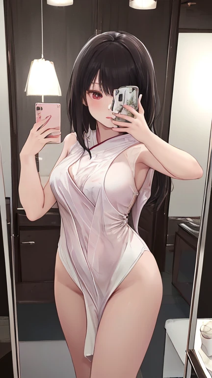 selfie in the mirror, covering her with hand, detailed face, ((short black hair color)),((very dark tanned skin)), (((golden eyes))), beautiful eyes, beautiful lips, delicate skin, natural lighting, soft colors,8k, high resolution, detailed, elegant, beautiful, elegant, erotic, blue panties, nsfw,(naked chest), (in shower), phone in hand