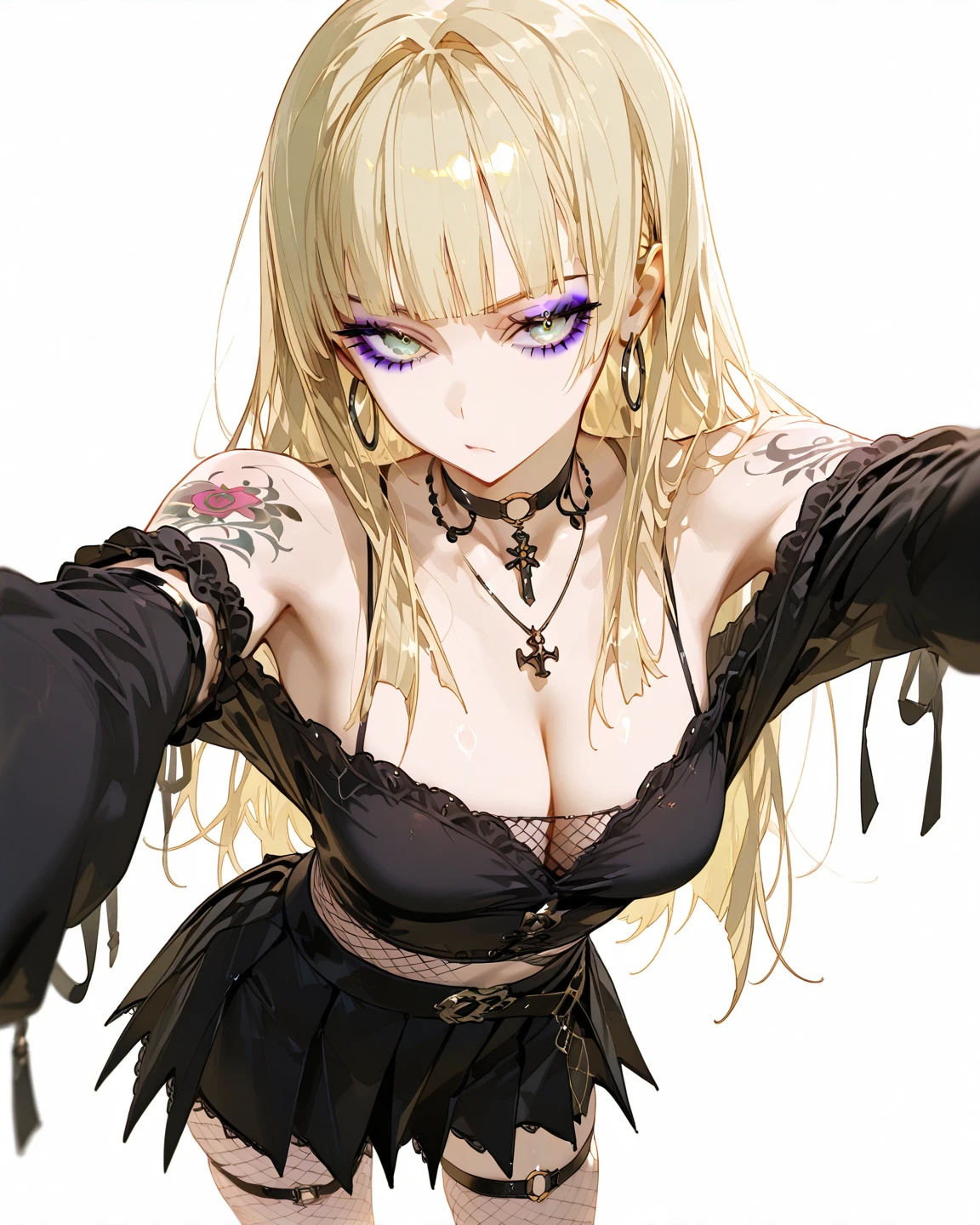 misaamane, <lora:misaamane-lora-nochekaiser:1>,
misa amane, long hair, bangs, (brown eyes:1.7), (yellow hair:1.5), blunt bangs, (two side up:1.5), red lips, lipstick,
BREAK thighhighs, dress, jewelry, collarbone, boots, detached sleeves, choker, black thighhighs, necklace, black footwear, black dress, sleeveless dress, garter straps, black choker, short dress, floral print, cross, red nails, cross necklace,
BREAK looking at viewer,
BREAK indoors,
BREAK <lyco:GoodHands-beta2:1>, (masterpiece:1.2), best quality, high resolution, unity 8k wallpaper, (illustration:0.8), (beautiful detailed eyes:1.6), extremely detailed face, perfect lighting, extremely detailed CG, (perfect hands, perfect anatomy),