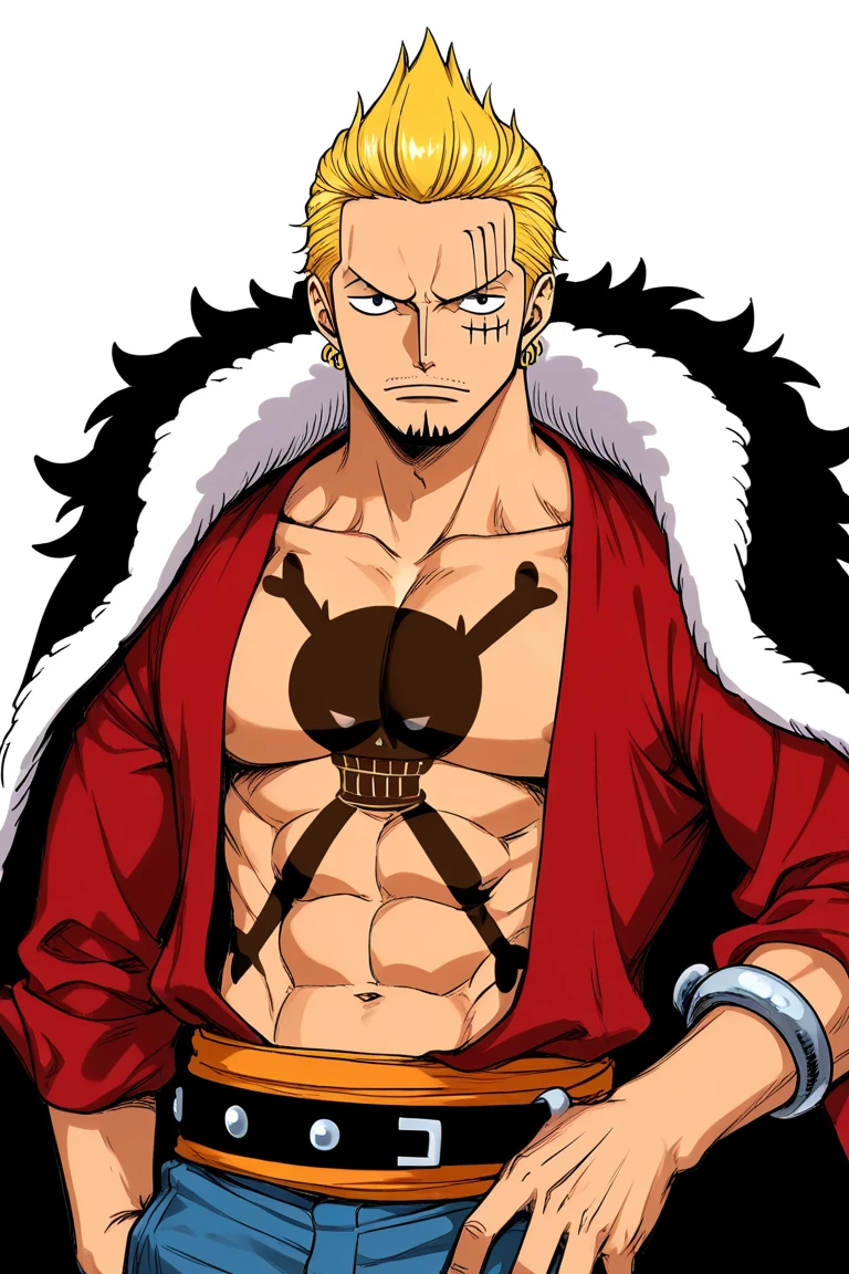 A Man , Blonde hair , Blonde Moustache like White Beard from One piece, Muscular Body like White Beard, A big Scar on his Right Chest , Holding a Big double edged War AXe , Standing , Muscular , Angry Face , one piece anime type animation , 2d , wearing a admirals Woolen red and White Cushiony Cloak, Good animation , Big Muscular Guy , Tall , no beard , only long moustache , Full Body picture, anime