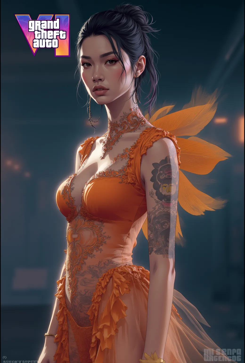 You have a mission!! task (((The most beautiful demon tattooed sexy seductive dead girl in a perfectly tailored outfit in a given situation))), (give the solution!!), (((one rule is the golden ratio and white balance))), ((always draw hands and fingers correctly, correct them if you make a mistake)), perfect face, hyper detailed neon ruby eyes, full body view,