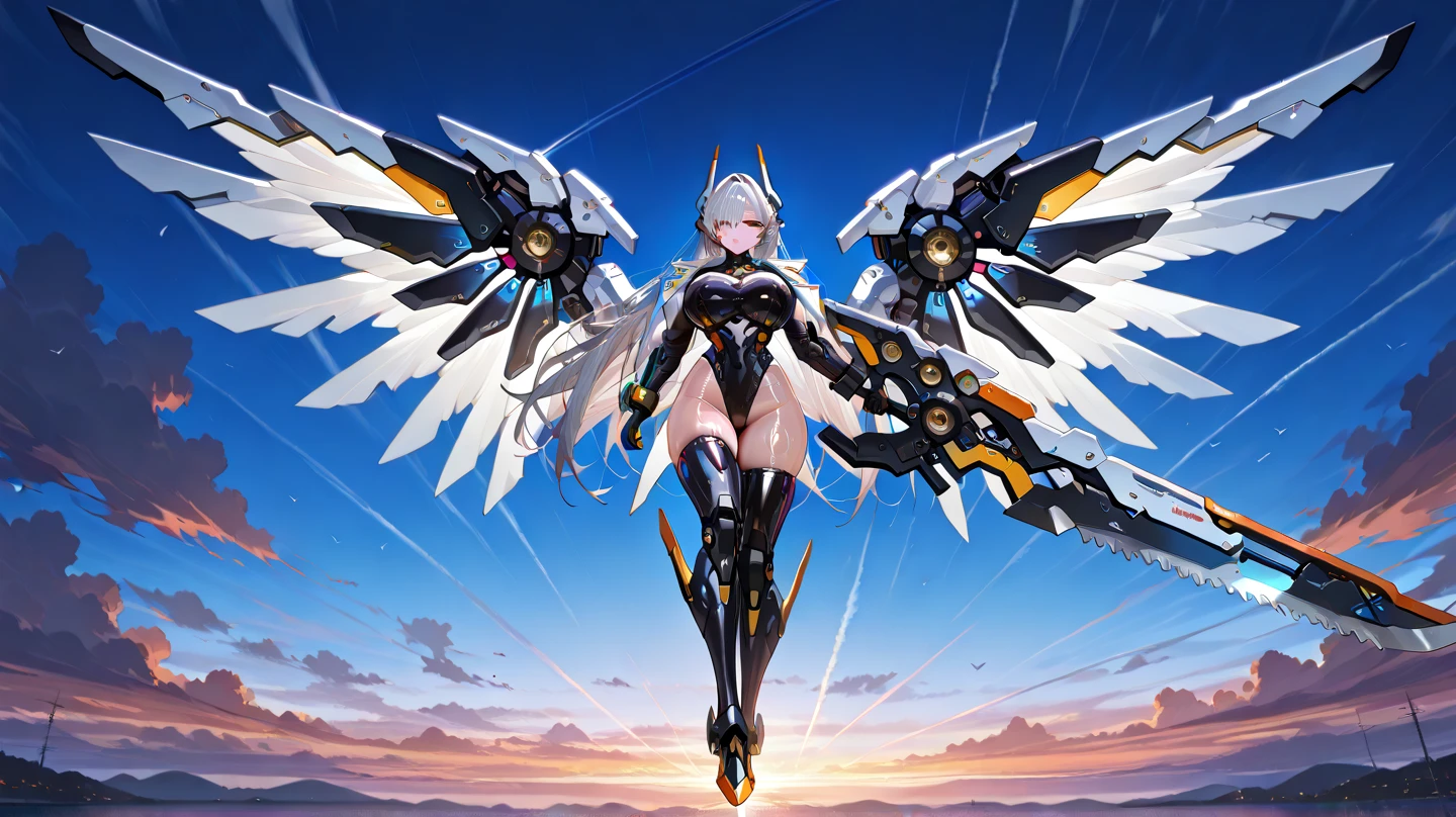 ((masterpiece:1.2)), ((highest quality)), detailed metal texture, perfect anatomy,1girl in magical mecha armor flying over the cyber city, (Solo:1.5), pink hair, twintails,(Mecha girl), (large wings), 6 wings, ((mecha:1.4)), (magical power:1.5),white outfit, armor dress,((shiny armor, High-gloss armor)), many parts, cleavage, navel, thighs, menacing,(magic circle), (Combat pose), (action pose:1.3), universe, nebula, aurora, vivid color, hight contrast, bird 's-eye view, fantastic atmosphere,Circle,bird 's-eye view, ,magical girl