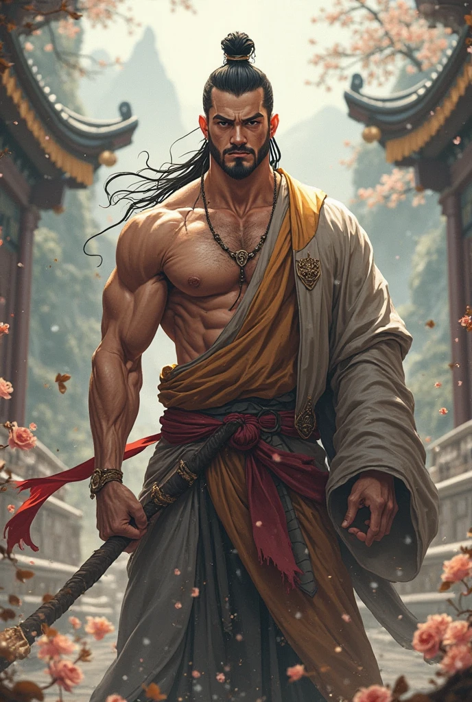 Realistic,Hot muscular Male concubine in the Han dynasty on his knees with legs spread apart, wearing ancient revealing Chinese dress with long hair and masculine features.Battle scars