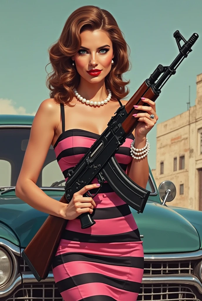 masterpiece, Pale skin, Red lips, Light eyes, Eyeshadow, Front view shot of a beautiful brunette woman,medium curly hair,Standing on the street,Holding a Thompson M1928A1 drum, Behind her is a 1928 Cadillac Town Sedan,Green on the left, She was wearing a red and black mafia skirt suit, Garter belt and high heels, Tall and plump figure,Long legs,Very detailed body, Detailed cars and clothes, Chiaroscuro, Natural daylight, Very detailed, She and the car focus on the image