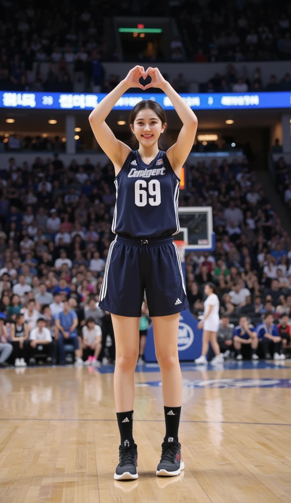 (((best quality))), (((ultra detailed))), (((masterpiece))), illustration, ((1girl,female basketball player,solo)),(slam dunk:1.3),(dunking in the air:1.3), intensity, determined expression, flushed face, perspiration, almond-shaped eyes, mesh jersey, team name and number, form-fitting shorts, athletic build, high-top basketball shoes, indoor basketball gym, well-lit, wooden floor, scoreboard, spectators, stands, action, impact, ball through the hoop, victory, achievement, dedication, skill,(basketball:1.3)
