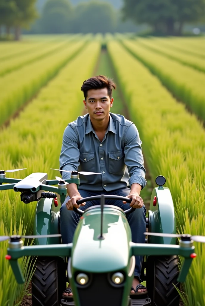 Real photo style、Realistic、Cute handsome man、Idol face、、Japanese、Slim body、Mash Hair、Completely ?????、Full nudity、Riding a lawnmower in a rice field