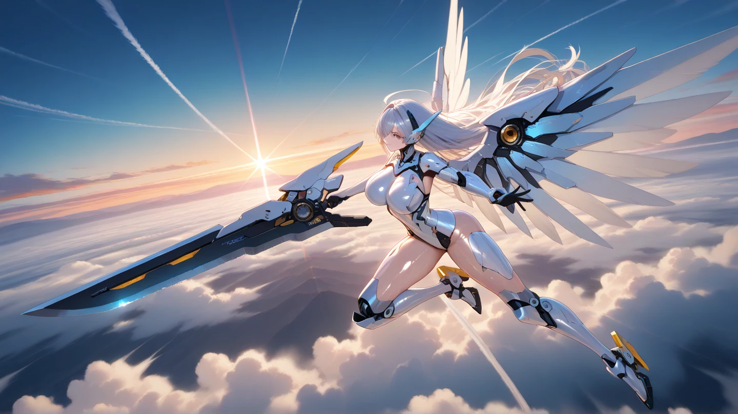 (Mechanical_wings:1.4), (thrusters:1.4), 1 plump girl,Alone, Full body lesbian,(mecha girl:1.1),wings, (Fly in the sky:1.3), floating, blue-sky, ​​clouds, A pair of wings, Asymmetrical wings, she spreads her wings, Mechanical wings, (tmasterpiece, Best quality at best, high high quality, A high resolution, ultra - detailed),