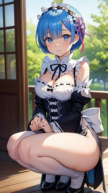 blue hair, rem \(re:zero\), [smile], blush, forest,, masterpiece, best quality, perfect lighting, 1girl, skirt, little breasts, flash panties
