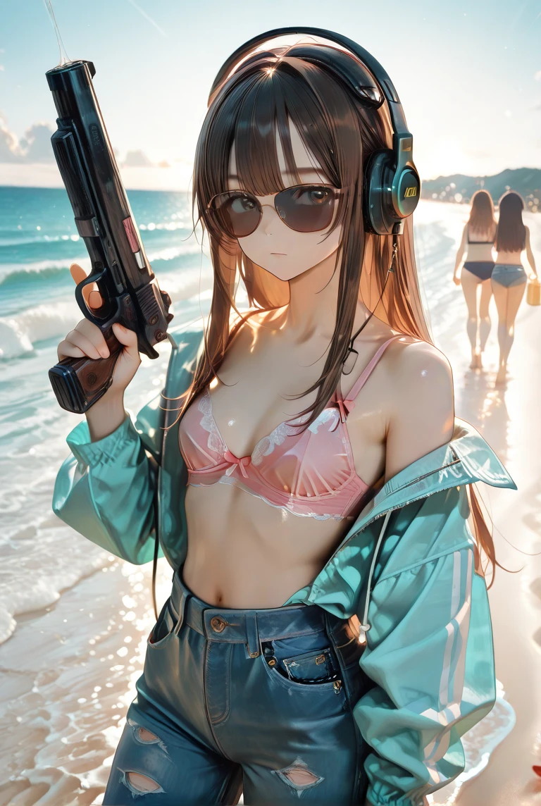 masterpiece, best quality, high resolution, extremely detailed CG, GTA5, 1girl, colorful patterned bikini, holding gun, rifle, barefoot