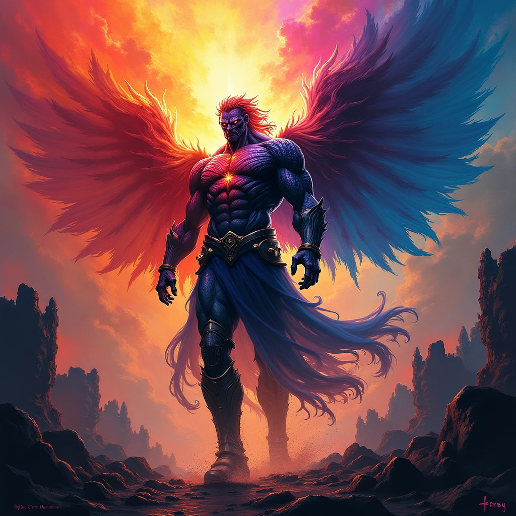 (mid_shot:1.3),(1 male:1.2),(muscle man:1.1),(frontal illumination:1.2) A sudden burst of energy ripples through the air as you transform, your body morphing into a towering, winged creature of the night. Your features become more angular and predatory, your eyes glowing with a fierce, vampiric intensity.