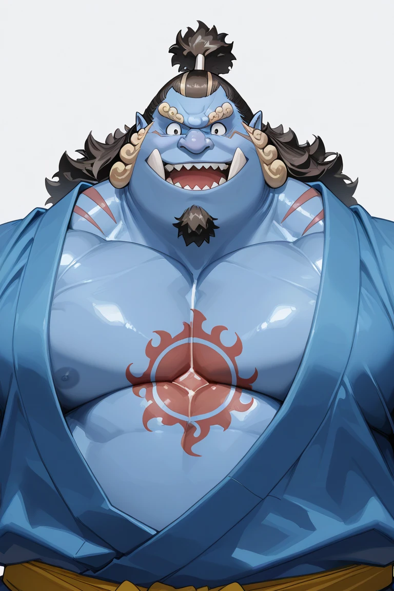 (1boy), a man with a muscular build, standing confidently in a vibrant yukata, jinbei_oyabun. He has blue skin and a unique fang, giving him an intriguing and mythical appearance. The closeup shot highlights his expressive and fierce facial features.