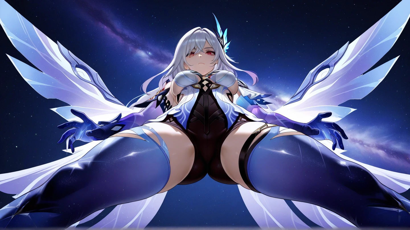 Fairy Knight Lancelot (Fate), 1 female, solo, long hair, breasts, bangs, underwear, tail, white hair, top-down bottom-up, flexible, body markings, armrests, jack-o-challenge, hands on ground, butt facing viewer, facing backwards, viewer looking from behind, camera filming from behind, doggy style, butthole facing viewer