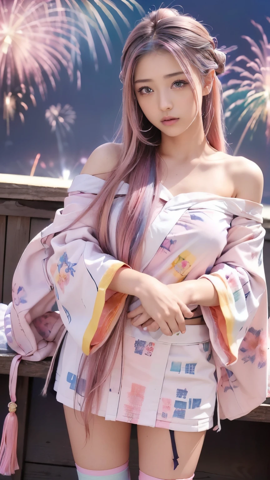1girl, ultra high res, best quality, (photorealistic: 1.4), 8k, (Raw:1.3), (Kpop idol), (aegyo sal:1), looking at viewer,1girl,professional lighting, photon mapping, radiosity, physically-based rendering ,ultra detailed, extremely delicate and beautiful, ray tracing, dynamic pose, (seductive smile:1.1),dynamic angle,best shadow,(low side ponytail:1.2),pov eye contact,eye contact,dark,(outdoors), standing, solo, <lora:japaneseDollLikeness_v10:0.38>,cute,pink kimono, pink japanese clothes, (pure pink hair:1.3),outdoors,hanami, cherry blossoms,day, sunlight, puffy eyes, arms behind back, <lora:koreanDollLikeness_v10:0.42>,(red eye:1.1), white hair color, sideboob, cleavage,smile, light smile,arms behind back, extremely detailed eyes,mole under eye,