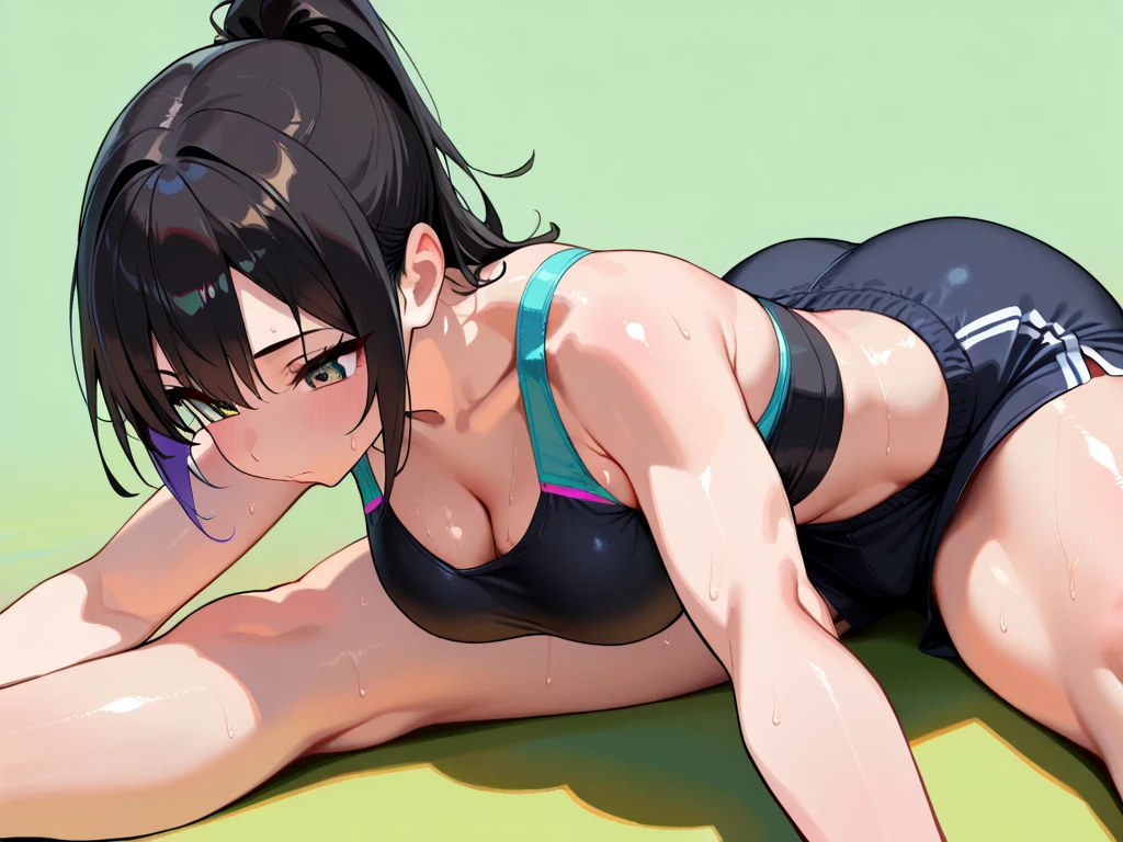 highest quality、cinematic lighting、Girl in sports bra and sports panties、garden、hands behind head、Crab crotch、painful face、full of sweat、small breasts、In the middle of a squat、