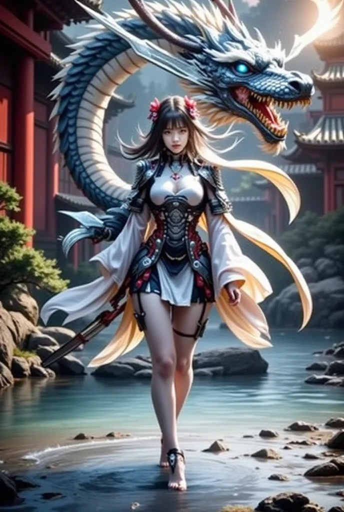 (Photoreal Stick:1.4, masutepiece:1..3, 8K), top-quality, ​masterpiece, 超A high resolution, Perfect dynamic composition, Professional camera work, Grow Light Effect, Mystical portrait, Cinematic Light, Highly detailed skin and facial texture:1.3, The ultra-detailliert, A detailed eye, (riding a silver dragon, carry a long noble staff), (myterious:1.3, Fanciful:1.2, tradition:1.2, legends:1.2, myth:1.2, majestueux:1.2), 1girl in, 25-years old, cute and ???? slim goddess, Fair skin, (A slight smil:0.9, Totally captivates you:1.0), (japanese miko costume:1.3), (voluptuous ???????:0.9), (back shot beautiful blue eyes, Eyes that feel beautiful eros:0.85), ???? face:0.4, (A mouthfeel that feels beautiful eros:0.85), ((Too cute beauty:0.9)), Fantastic background, Eliminate unnecessary hands