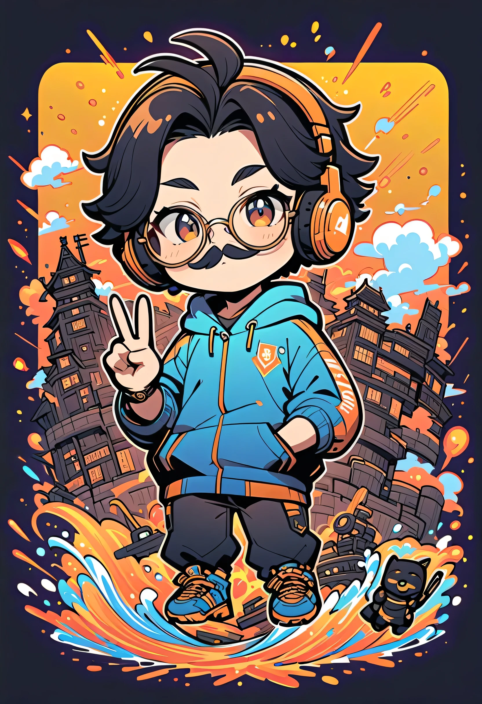 2D cartoon-style avatar of a young male character with:  
• Short black hair with gentle waves—slightly straighter texture for a smoother look  
• Very dark brown eyes behind sleek round glasses with thin metal frames  
• Clean-shaven face with a very subtle, fine mustache  
• Slightly larger, well-defined nose to add character  
• Thoughtful expression, raised prominent eyebrows, long expressive eyelashes with extra emphasis  
• Wearing a vibrant blue hoodie with subtle yellow piping along the seams and a small stylized “W” emblem on the chest  
• Modern over-ear headphones resting around the neck, with a subtle “V” logo on one earcup  
• Color palette: bright blue and rich yellow to convey energy and wealth  
• Crisp line art, flat colors with soft cell-shading, playful yet professional vibe  
  


chibi proportions