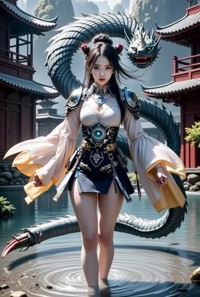 best quality, masterpiece, Ultra-high resolution, Realistic,Chinese culture,Chinese painting style, 1 girl,a dragon, Off-shoulder, Smile,A girl comforts a sleeping Chinese dragon,Xianshan,nimbus