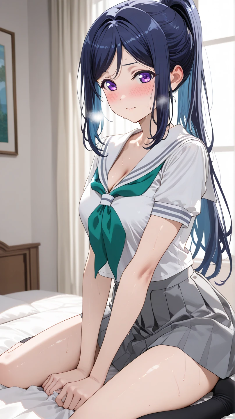 BREAK looking at viewer, BREAK (masterpiece:1.2), best quality, high resolution, unity 8k wallpaper, (illustration:0.8), (beautiful detailed eyes:1.6), extremely detailed face, perfect lighting, extremely detailed CG, (perfect hands, perfect anatomy),onsen,hot springs, night,aqua, long hair, blue eyes, hair ornament, very long hair, blue hair, hair rings, single hair ring, hair bobbles,
skirt, shirt,wet shirt, thighhighs, bare shoulders, detached sleeves, white thighhighs, blue skirt, blue shirt, green bow,nipples,cleavege,neckline,sitting,spread legs,showing panties,wet panties,white panties,lace panties,camel toe.