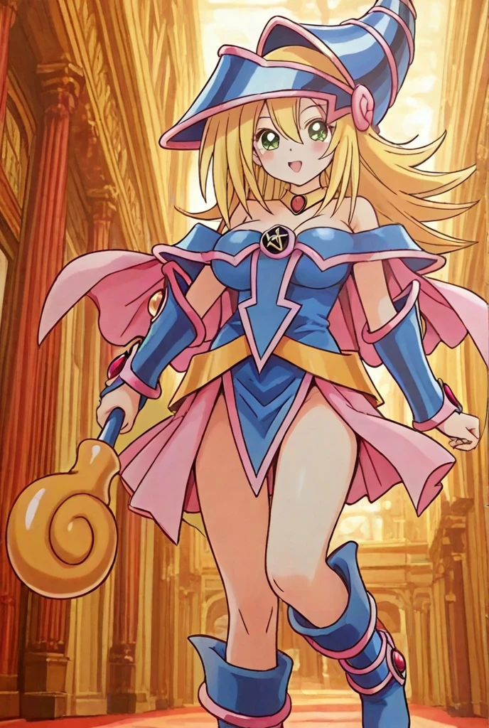 "(masterpiece:1.1), best quality,
1girl, solo, (80s anime style:1.3), (eyelashes:1.5), (loli:1.2),
(intricate high detailed body:1.2),
(yellow hair:1.1), (hair slicked back:1.2), (short hair:1.1), (witch hat:1.2),
purple eyes, (red lip stick:1.3),
(gigantic breasts:1.1),
(grin:1.2), open mouth,
(bikini armor:1.2),
(knight armor, armored boots:1.2), (suspenders:1.1), (ahoge:1.2), collar,
standing, leaning forward,
(dynamic pose:1.1), (full body, looking at viewer, from front:1.1),
(simple white background:1.2)"
