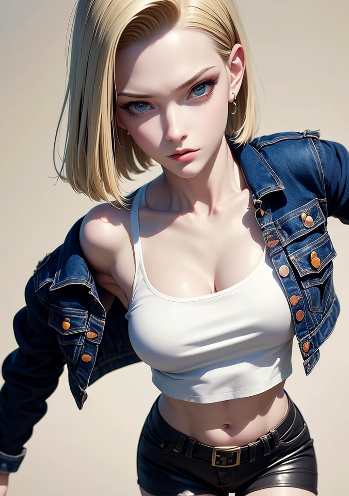 (cowboyshot: 1.2), (ANDROID_18, AND18\(dragon ball z\), (finely detailed beautiful eyes and detailed face), (face through thigh: 1.4), (knee shot: 1.2), blonde hair, solo, lady, (detail in the eyes), (detail in the face), ((small breasts)), incredibly beautiful, ((blue eyes)), blush, ((makeup)), ((red lipstick)), ((small and thick lips)), (beautiful background), :), dynamic angle, blue eyes, light face, sunlight, (bright face: 1.2), very wide hips, very thick thighs, (full body shot), solo, blonde hair, blue eyes, short hair, earrings, jewelry, ((with a gorgeous shorts)), ((tight black t-shirt)), she is angry, high heels