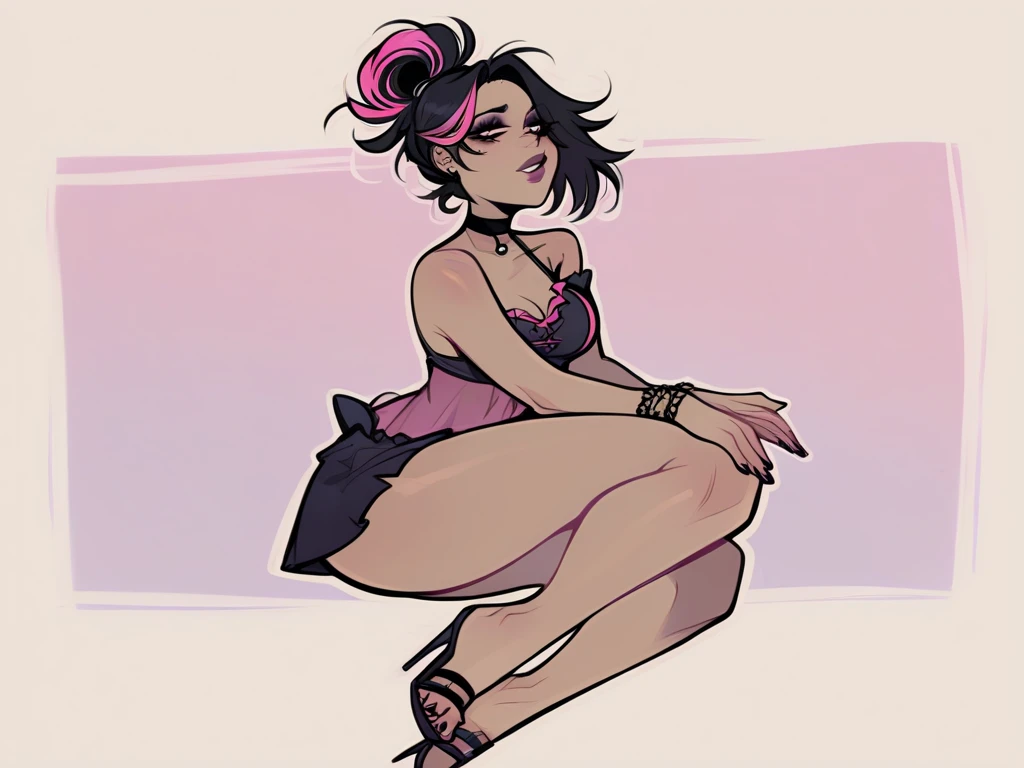 femboy, Oval face, gold round glasses, short curly hair, somewhat dark skin, horny, femboy, very slim body and sexy small penis, dressed in a miniskirt, long pink stockings with black stripes, high heels, purple string thong, Semen, posing sexually, sex, muscular man fucking him, sex gay, orgy, alley 