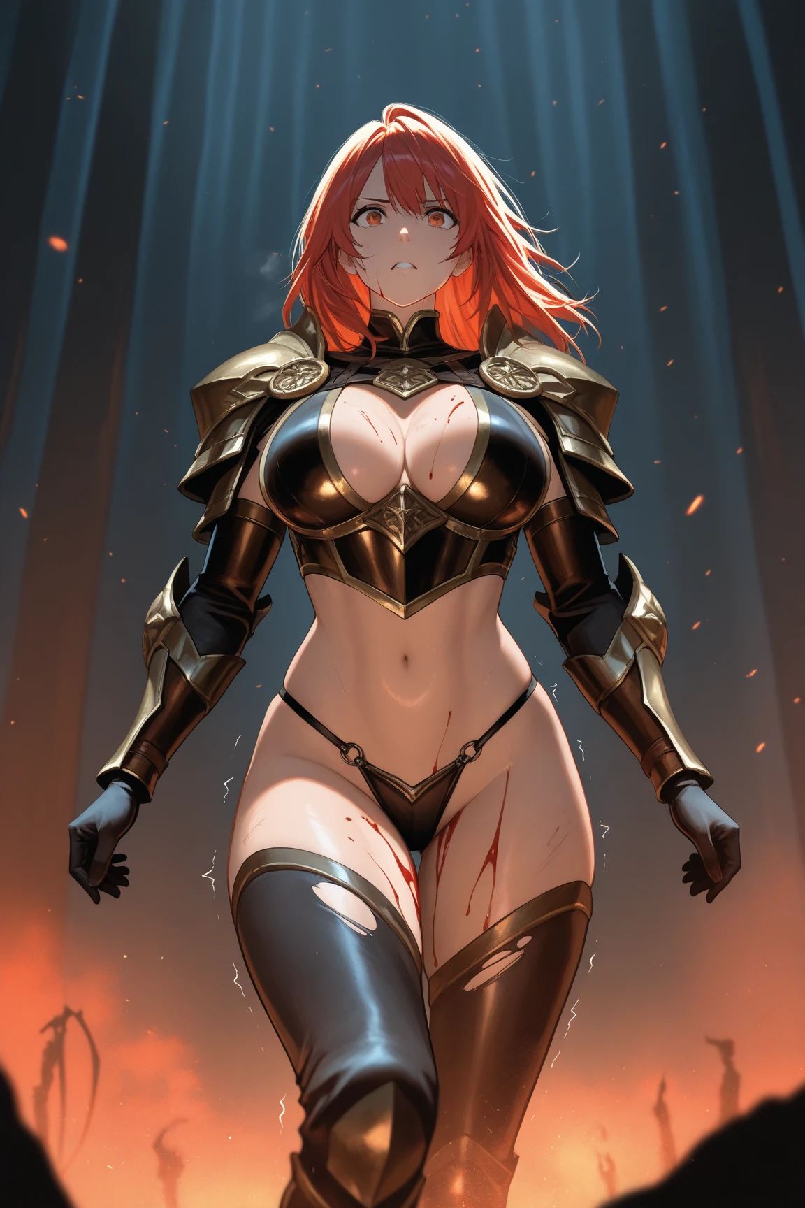 Mlynar(Arknights),yellow hair,animal ears,curvy body,wearing original clothes(torn off), big breast,big thighs, covered in blood,bruised body,bruised face,gore,fatally injured,no background,midnight setting,nsfw, uncensored.