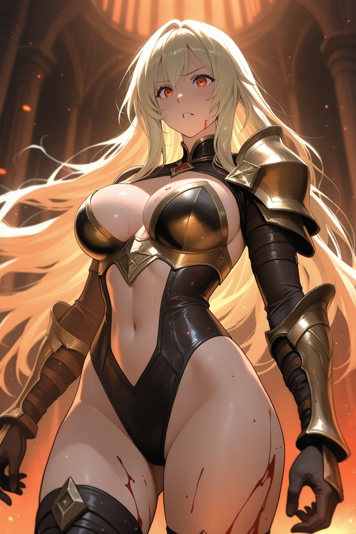 Mature Woman、Armor of the Demon God、Headband of Demon Horns、Devil's Wings、Black Gauntlet、Black knee boots、Black loincloth、Black shoulder pad、Black Bikini Armor、1 person、Blonde、Long Hair、whole body、Dark skinned woman、abdomen、belly button、Lava field、Rocky area、Big Breasts、Nipple slip、Red eyeliner、Abdominal muscles、Wielding a giant axe、Glowing red eyes、Glowing red magic tattoo