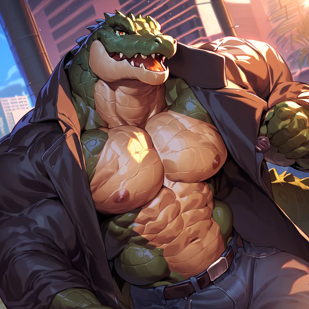 ((( masterpiece, Highest quality, High resolution, Deeply drawn boundaries, 8k, Super detailed))), ((Detailed face:1.2, Detailed eyes)), Crocodile, male , (Muscular), Full body view, (Latex Body), Featureless crotch, Abdominal muscles, Dark bedroom, Are standing, Green scales, Slit pupil, 
