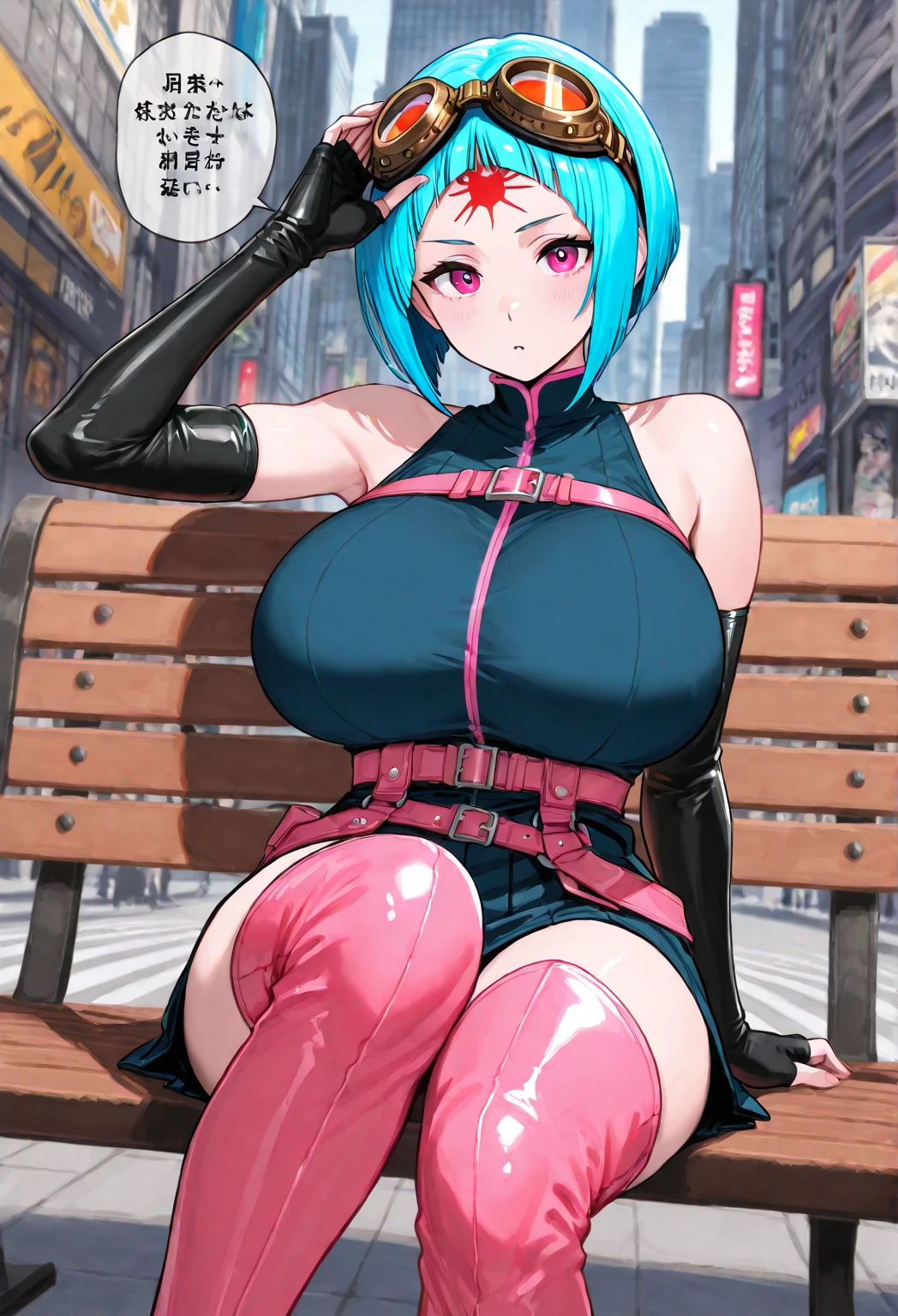 anime style cels from the 90s, 90s manga style, Best Quality, high resolution, locker room, 1 girl,metallic blue micro bikini, (giant breasts:1.4), beautiful face, happy, lustful smile, Closed mouth, your mother_oosuki, mature woman, Medium hair, by white, violet eyes, bright pupils, whole body, FROM THE FRONT, looking at the viewer,curvy body, stockings negros, black high heels, 