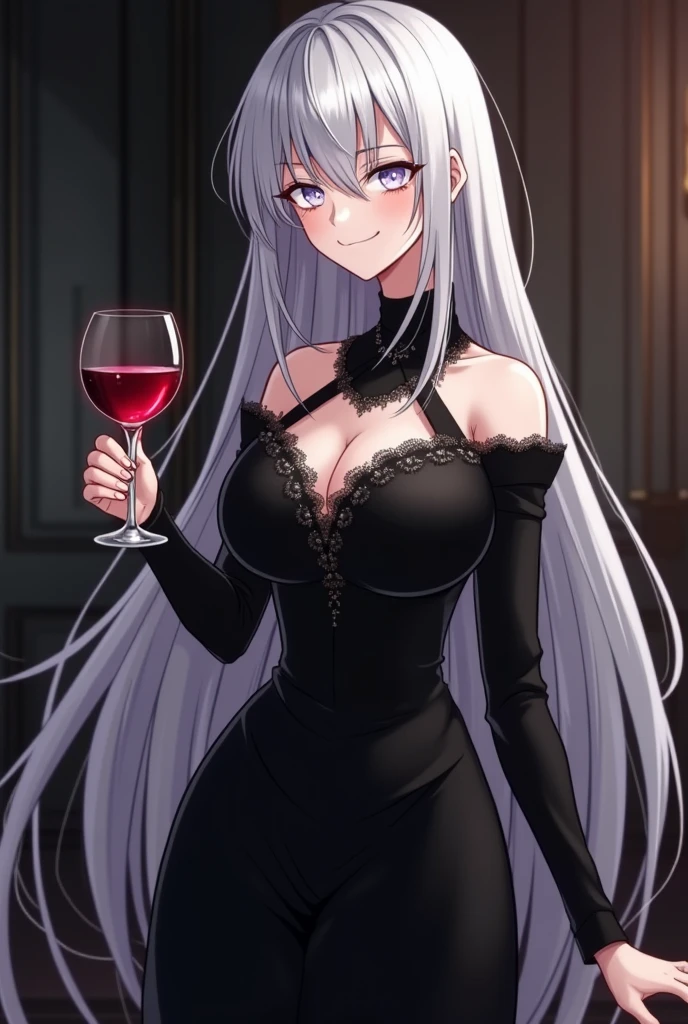 leonoranakiri, leonora nakiri, long hair, (red eyes:1.2), white hair, pale skin, (forehead:1.2), smile,
, cleavage, bare shoulders, jewelry, necklace, purple dress,Holding a glass of wine,
BREAK looking at viewer, (cowboy shot:1.5),
BREAK (masterpiece:1.2), best quality, high resolution, unity 8k wallpaper, (illustration:0.8), (beautiful detailed eyes:1.6), extremely detailed face, perfect lighting, extremely detailed CG, (perfect hands, perfect anatomy),beautiful face,Shining shoulder,sitting in gold chair,middle size breast