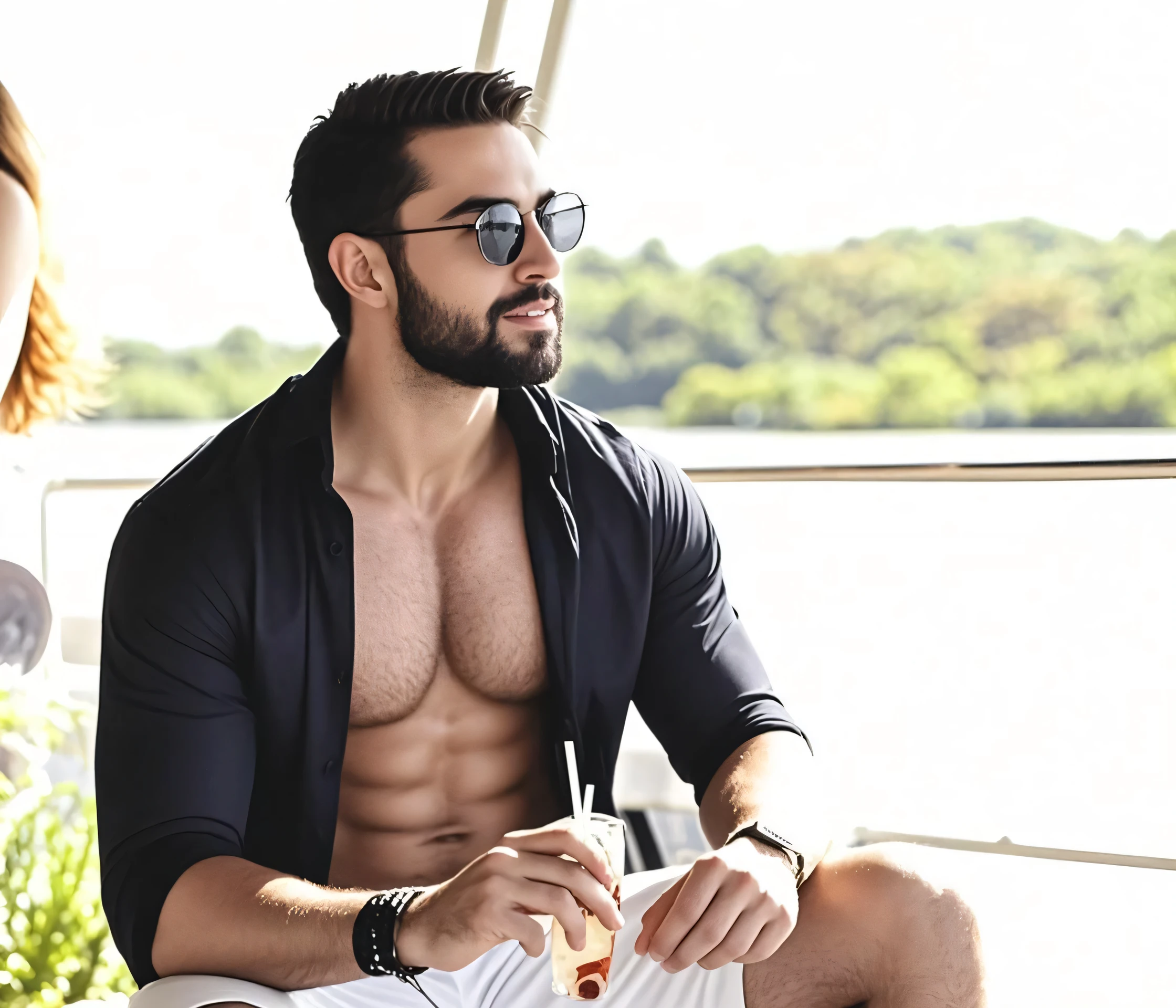 Parte superior del cuerpo, 38 year old man with beard and sunglasses.. Hombre vistiendo ropa formal con camisa roja, by public transport .