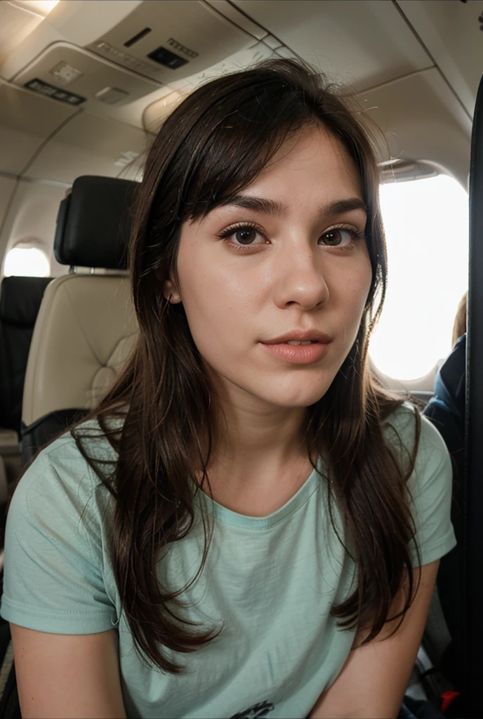 (best quality), ( (detailed), ( visage parfait) , ( jeune femme ) , ( dans un avion ) , ( selfie ) ( Realistic ) ( gros sein ) 