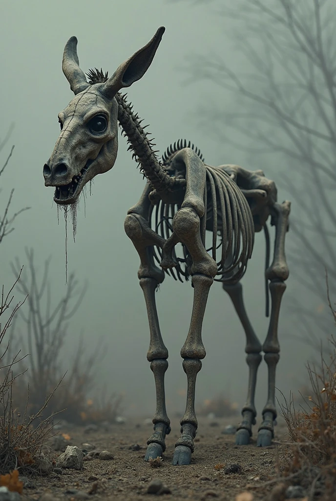 A skeletal monstrosity cloaked in tattered robes, its bones fused with sharp, metallic implements. The Bone Harvester is digging up graves in an ancient, fog-covered graveyard, surrounded by grotesque bone sculptures