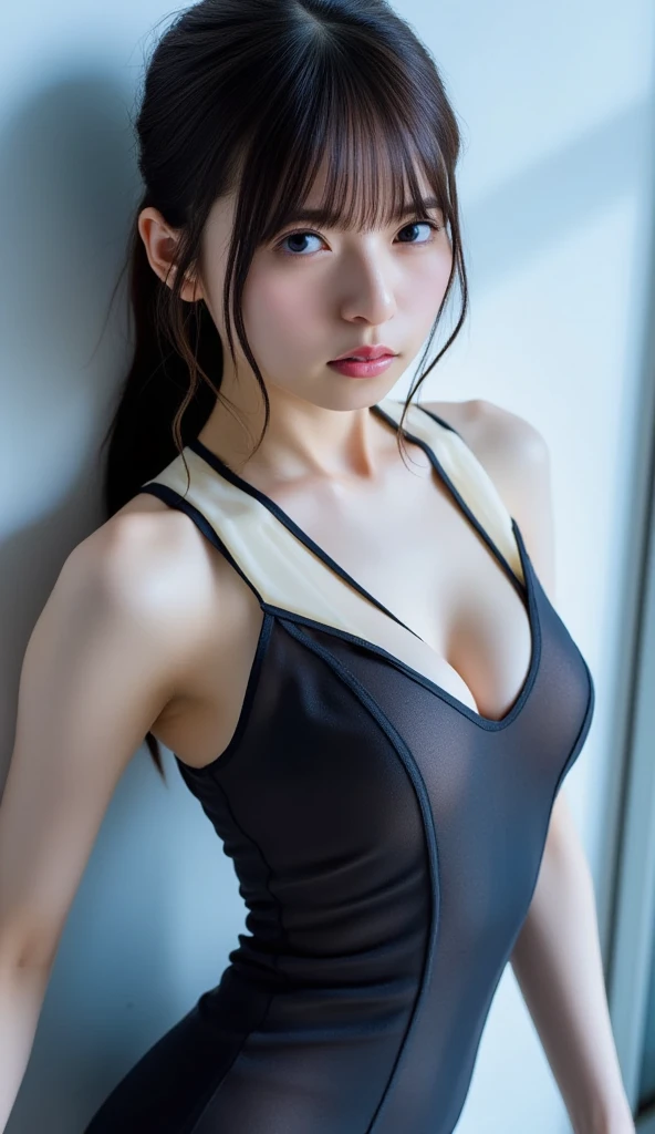 one girl, (a beauty girl, delicate girl:1.3), (12 years old:1.3), break, (Bodysuits:1.3), break, Very fine grain definition, (Symmetrical eyes:1.3), break, (Street view:1.3), break, Small breasts, Brown eyes, Parted bangs, Brown Hair, girl, break, (Eye and facial details:1.0), break, (masterpiece, Highest quality, Super detailed, Detailed face, 8K)