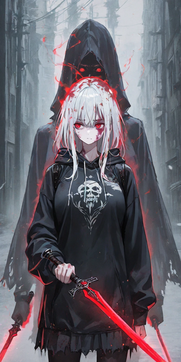 a girl, (White skin: 1.21), (white pupils: 1.21),), (mask: 1.12), (tassel: 1.31), (earrings: 1.11), (red eye shadow: 1.1), , (Plate: 1.1), (bandage), scar, mask covering face, wearing a mask, clavicle, ink style, chain, Delicate fabric texture, Exquisite facial details, masterpiece, best quality, Extra fine, 8K, masterpiece, extreme, beautiful, illustration, close up, look directly, focus on face, white hair, long hair, Calm expression, Watchmen, (Black sports vest: 1.21), (black sports shorts: 1.21),Jacket, have