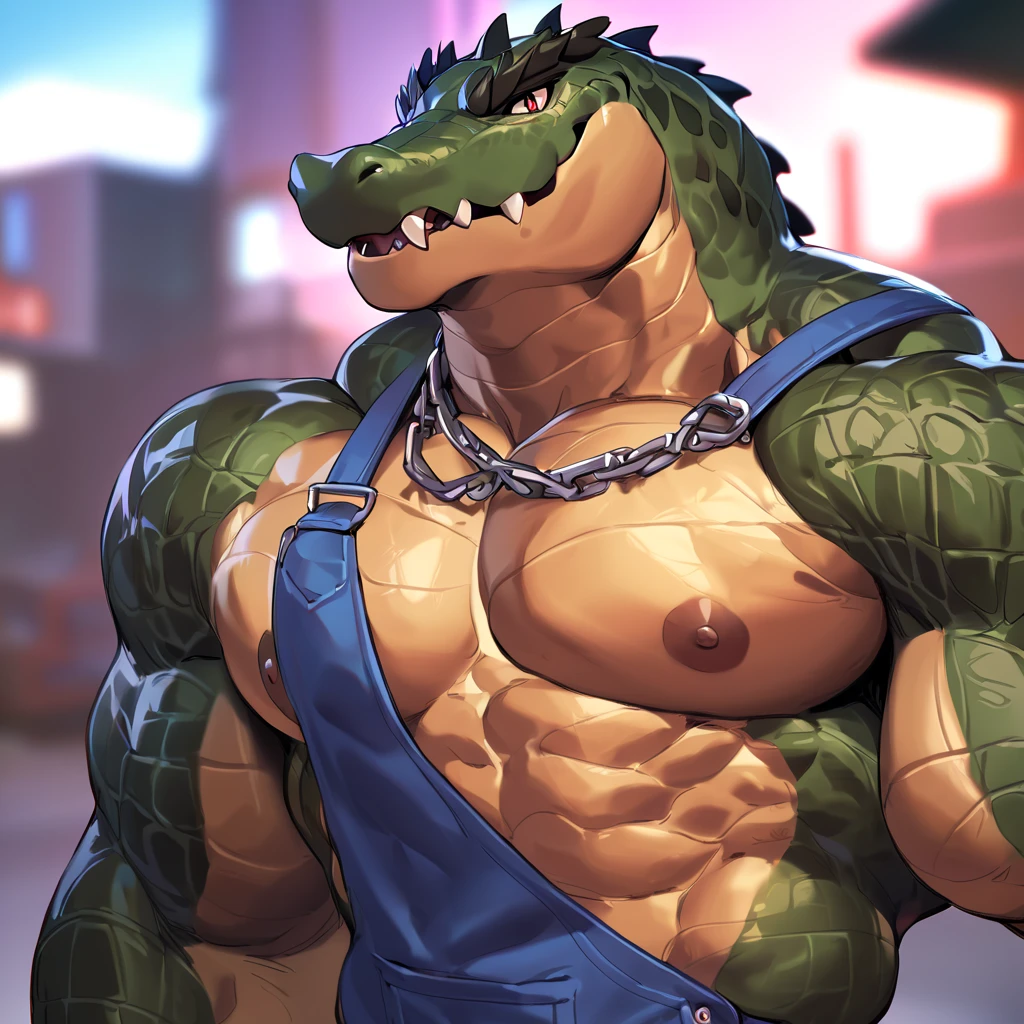 solo, anthro (gator), male, (muscular:1.5), adult, photorealistic, hyperrealistic, ultradetailed, natural pose, standing, by personalami, by honovy, by thebigslick, by taran fiddler, by pixelsketcher, correct hands, bulge, nips, purple underwear, purple briefs, standing, arcade, detailed background, red mohawk, brown eyes, (beefy:1.5), (bulky:1.5), moaning
