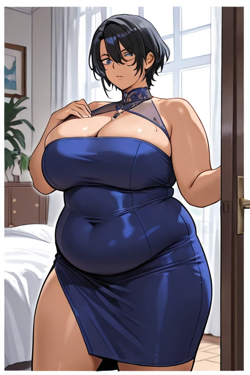 (masterpiece, Highest quality, Semi-realistic:1.3), hope, Mature Woman, (Full Body Shot:1.05), (Pink Tank Top:1.2), Competition Leotards, Tight clothing, One girl, Mature Woman, Curvy, Are standing, Sexy pose, Big Ass, (blush:1.05), short hair, Black Hair, Purple Hair, Exposing shoulders, lips, Cleavage cutout, Huge breasts, Transparent nipples、Perfect body, Perfect Eyes, Anime Eyes, eye shadow, Perfect Face, (shy:1.1), Rooms in the house, Window Sky, Sharp focus, Professional artwork, Intricate details, Vibrant colors, Vibrant colors, Diffuse lighting, Digital Blending, Super-detailed body, Super detailed hair, Ultra Detail Face, Topics on pixiv,Looking up、Hot Breath、Naughty smile、Sweaty