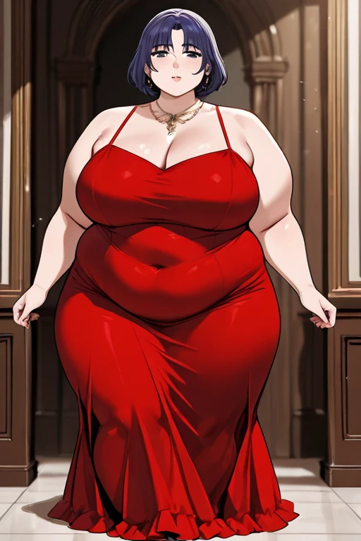 Full body, bedroom, looking at viewer, Short bob haircut, Windswept Messy Bob purple Hair, eyeliner, (red dress), (red lipstick), (light blue pearl necklace), cleavage, milf, mature