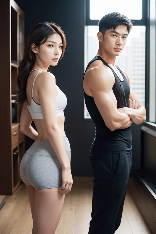 Couple practicing yoga in the gym，The husband is more masculine，The wife's movements are ambiguous，The figure is also hot。The picture is romantic，Rich in feelings。