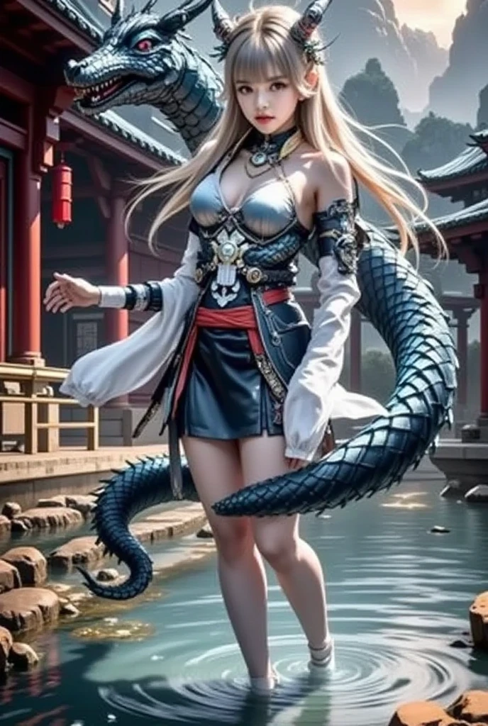 portrait, gloating amazon huntress, (muscular:1.3), sexy leather armor, , (tribal tattoos, face tattoos:1.4), antlered helmetleather cloak, standing on one leg, with a pet Crocodile, korean, on the roof of a school, at a Baroque festival, bombshell hair, silver hair, Gypsy Shag Cut,braid, sitting on shoulder